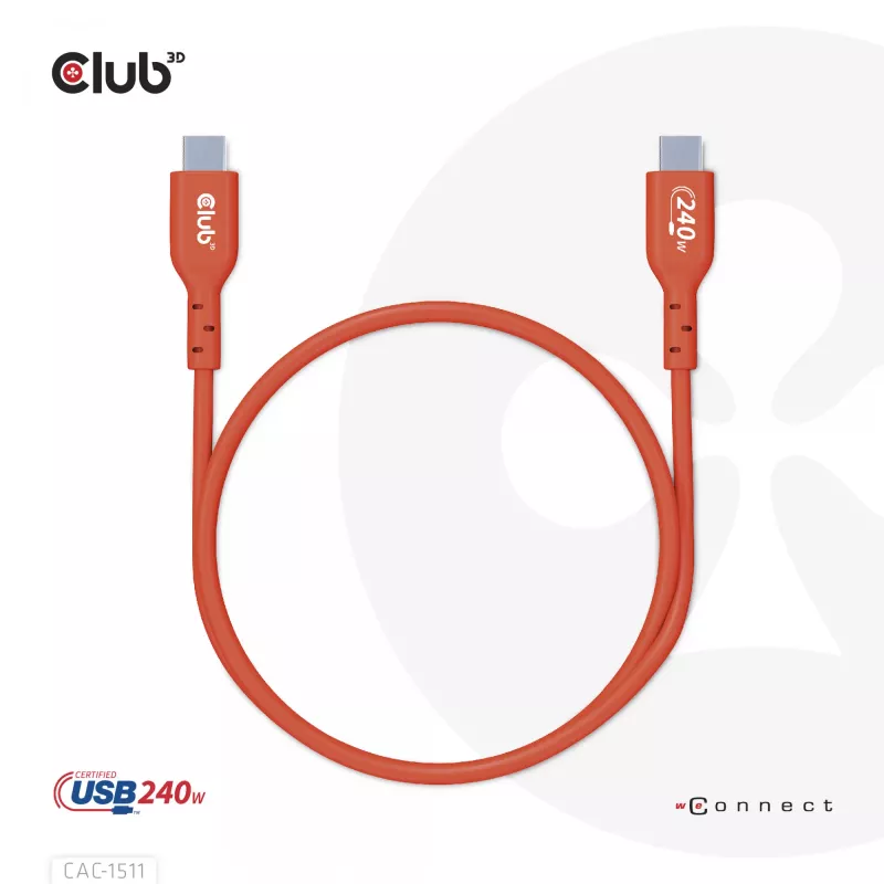 Club 3D CAC-1511 cabo USB2 Type-C bidirecional certificado USB-IF, dados 480 Mb, PD 240 W (48 V/5 A) EPR, macho/macho, 1 m