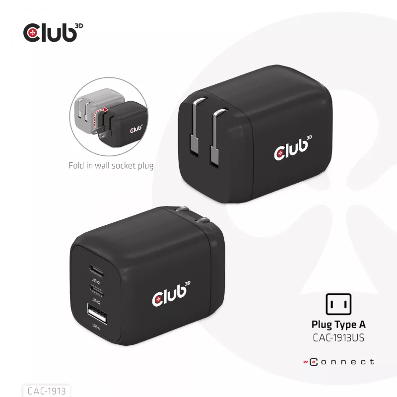 Carregador de viagem CLUB3D PPS 65Watt tecnologia GAN, ligação tripla (2x USB Type-C + USB Type-A) suporte Power Delivery (PD) 3.0