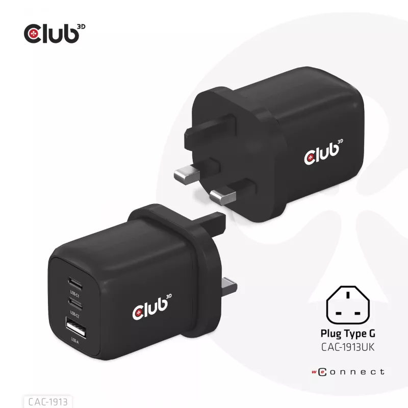 Carregador de viagem CLUB3D PPS 65Watt tecnologia GAN, ligação tripla (2x USB Type-C + USB Type-A) suporte Power Delivery (PD) 3.0