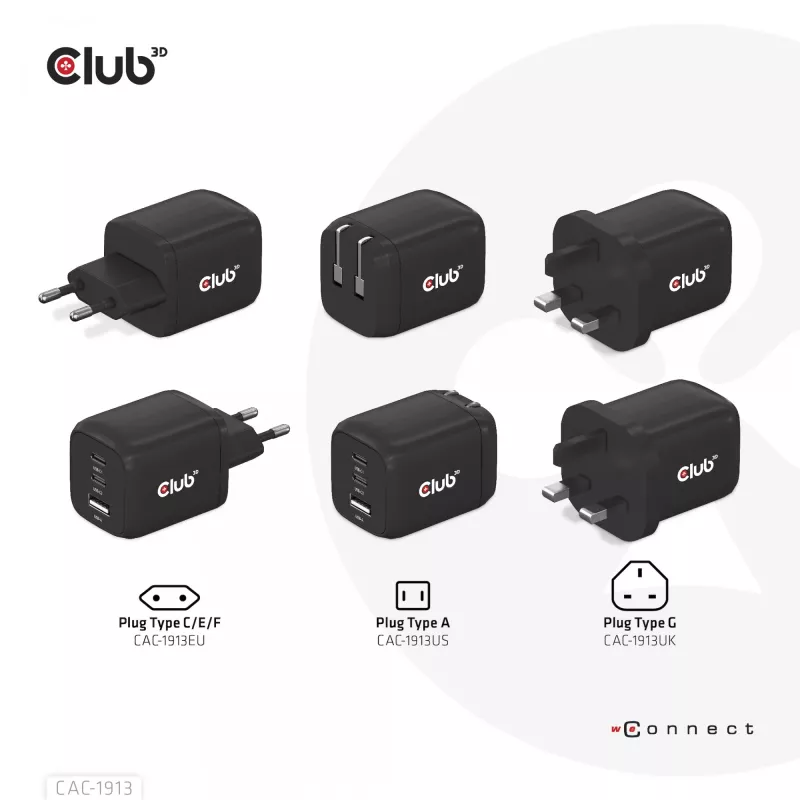 Carregador de viagem CLUB3D PPS 65Watt tecnologia GAN, ligação tripla (2x USB Type-C + USB Type-A) suporte Power Delivery (PD) 3.0