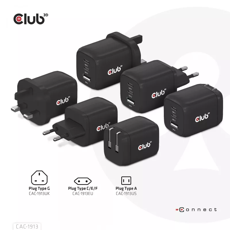 Carregador de viagem CLUB3D PPS 65Watt tecnologia GAN, ligação tripla (2x USB Type-C + USB Type-A) suporte Power Delivery (PD) 3.0
