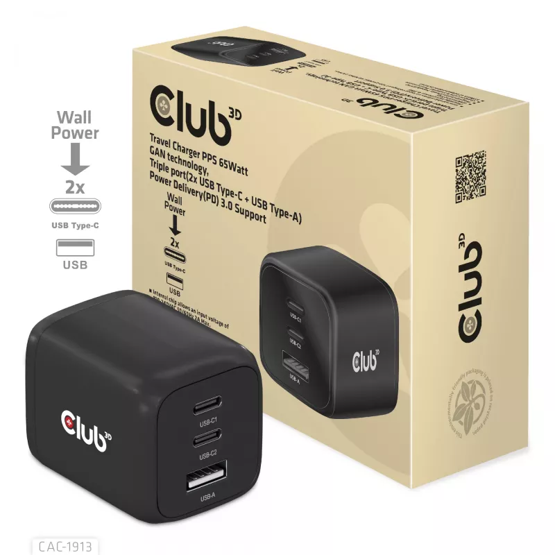 Carregador de viagem CLUB3D PPS 65Watt tecnologia GAN, ligação tripla (2x USB Type-C + USB Type-A) suporte Power Delivery (PD) 3.0