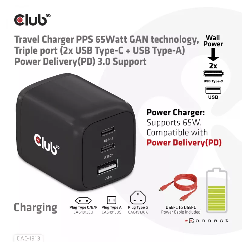 Carregador de viagem CLUB3D PPS 65Watt tecnologia GAN, ligação tripla (2x USB Type-C + USB Type-A) suporte Power Delivery (PD) 3.0
