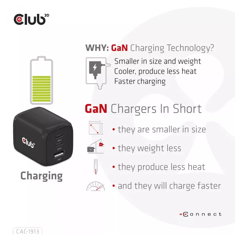 Carregador de viagem CLUB3D PPS 65Watt tecnologia GAN, ligação tripla (2x USB Type-C + USB Type-A) suporte Power Delivery (PD) 3.0