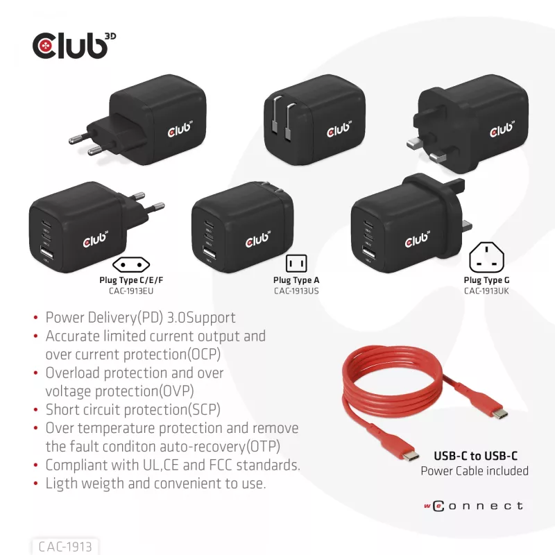 Carregador de viagem CLUB3D PPS 65Watt tecnologia GAN, ligação tripla (2x USB Type-C + USB Type-A) suporte Power Delivery (PD) 3.0