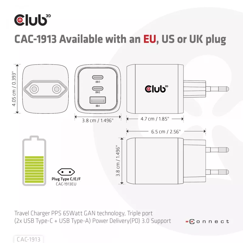 Carregador de viagem CLUB3D PPS 65Watt tecnologia GAN, ligação tripla (2x USB Type-C + USB Type-A) suporte Power Delivery (PD) 3.0
