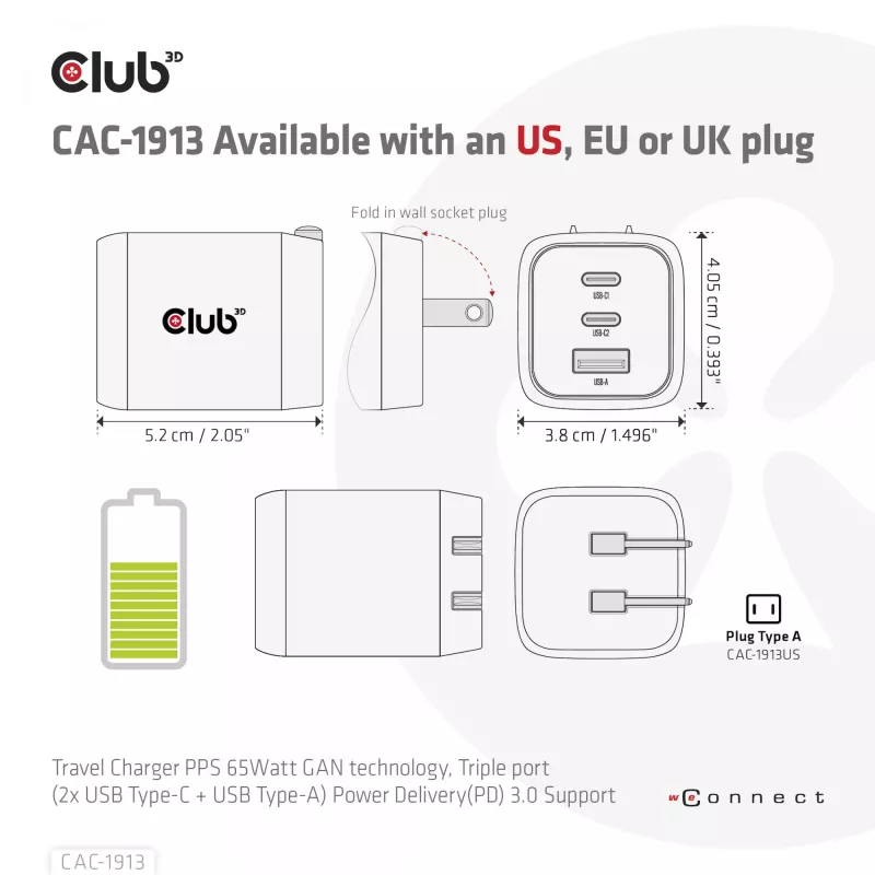 Carregador de viagem CLUB3D PPS 65Watt tecnologia GAN, ligação tripla (2x USB Type-C + USB Type-A) suporte Power Delivery (PD) 3.0