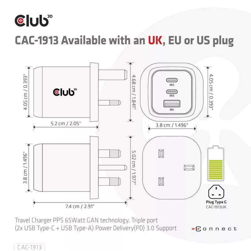 Carregador de viagem CLUB3D PPS 65Watt tecnologia GAN, ligação tripla (2x USB Type-C + USB Type-A) suporte Power Delivery (PD) 3.0