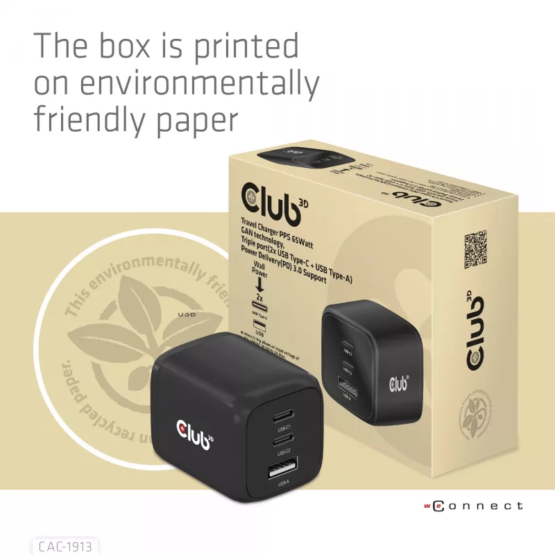 Carregador de viagem CLUB3D PPS 65Watt tecnologia GAN, ligação tripla (2x USB Type-C + USB Type-A) suporte Power Delivery (PD) 3.0
