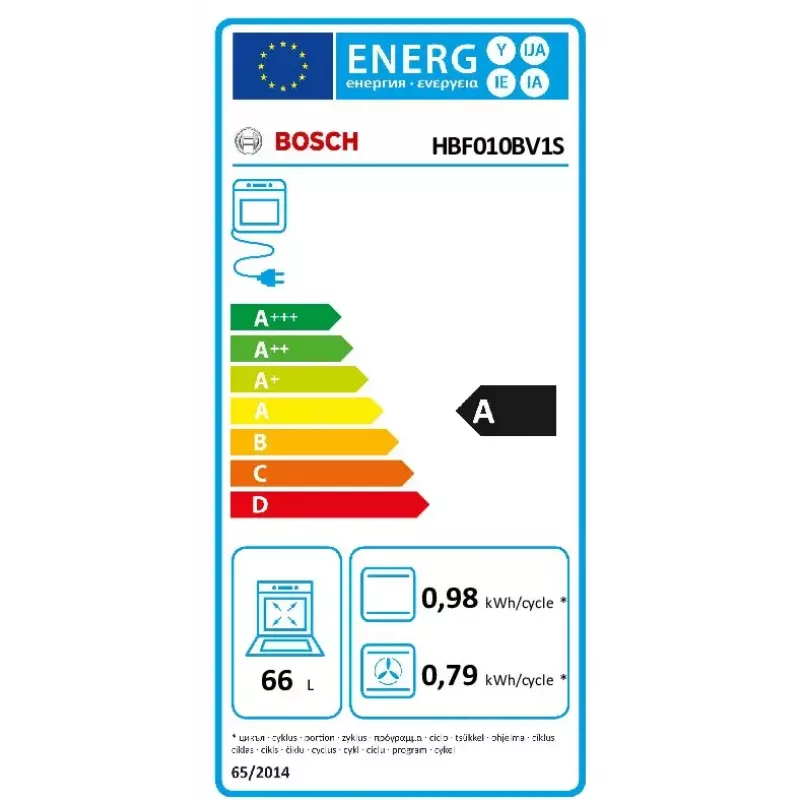 Forno elétrico de encastrar Bosch Série 2 HBF010BV1S — 66 L, botões rotativos, lâmpada halogénea, classe A, branco
