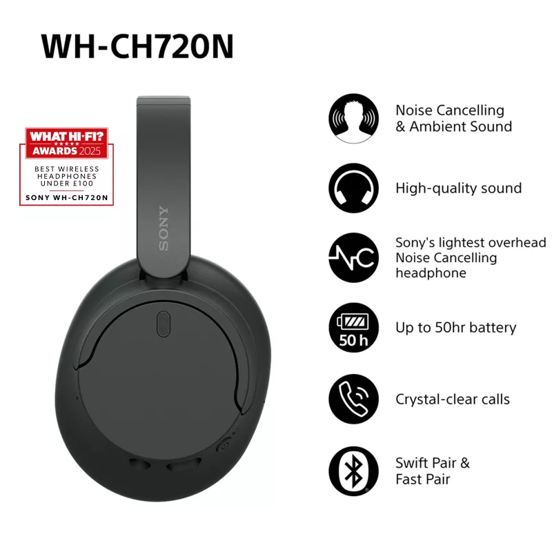 Sony WH-CH720N Auscultadores sem fios com cancelamento de ruído, preto (WHCH720NB.CE7)