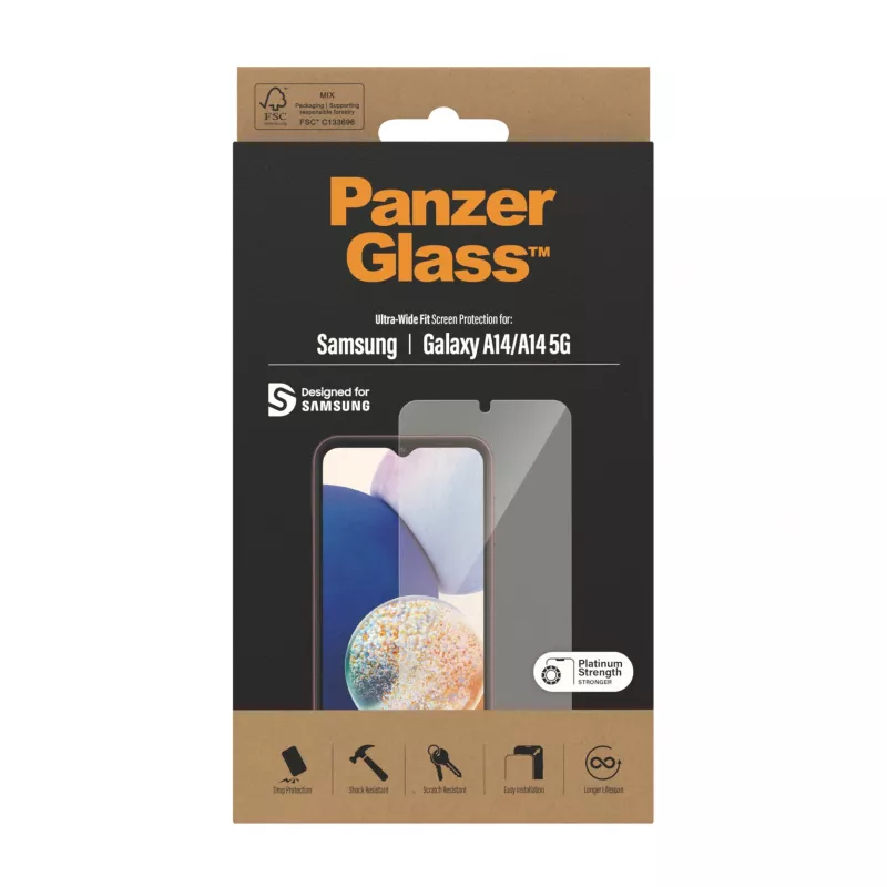 Película de proteção de ecrã PanzerGlass Samsung Galaxy A14 A14 5G Ultra-Wide Fit resistente a riscos e choques