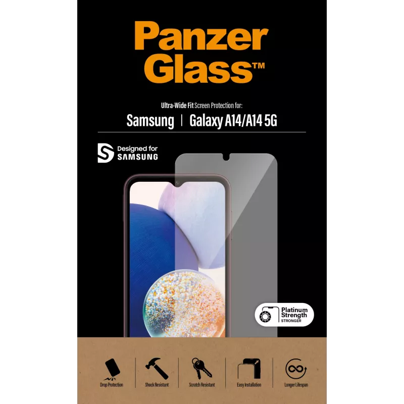 Película de proteção de ecrã PanzerGlass Samsung Galaxy A14 A14 5G Ultra-Wide Fit resistente a riscos e choques