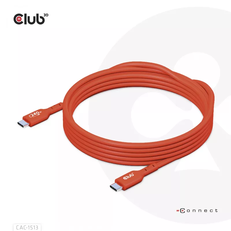 Cabo de dados bidirecional CLUB3D USB2 Type-C certificado USB-IF 480Mb, PD 240W(48V/5A) EPR M/M 3m / 9.84 ft