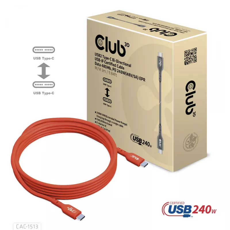 Cabo de dados bidirecional CLUB3D USB2 Type-C certificado USB-IF 480Mb, PD 240W(48V/5A) EPR M/M 3m / 9.84 ft