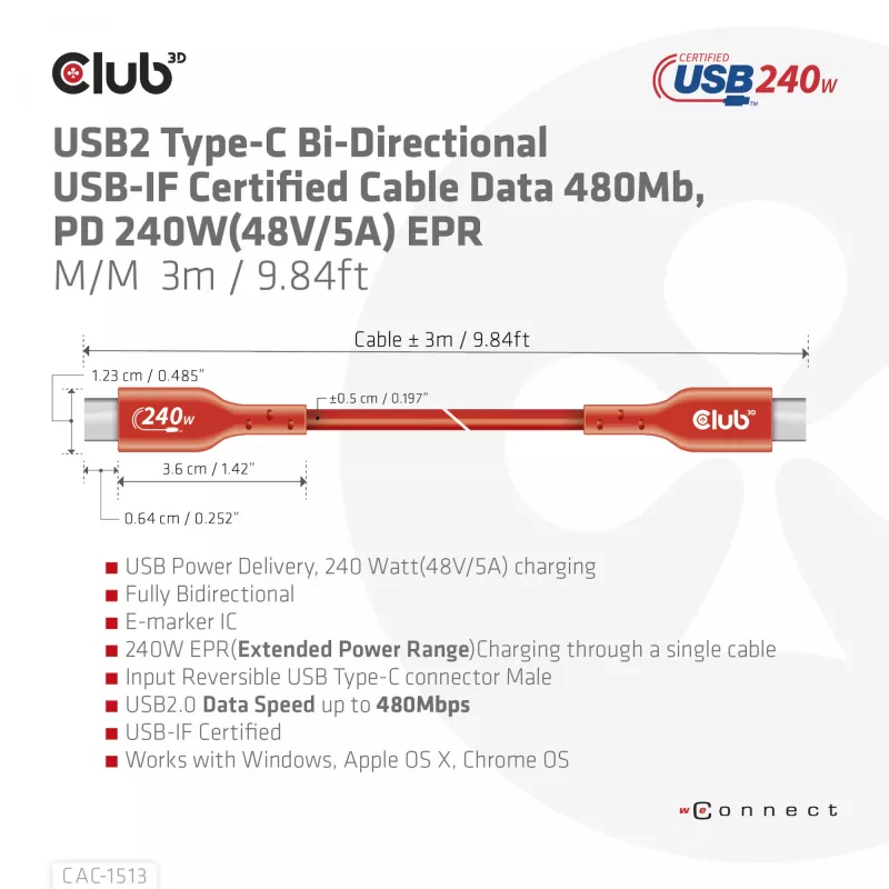 Cabo de dados bidirecional CLUB3D USB2 Type-C certificado USB-IF 480Mb, PD 240W(48V/5A) EPR M/M 3m / 9.84 ft