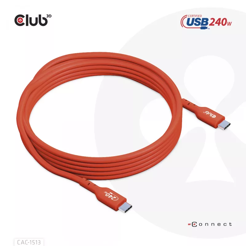 Cabo de dados bidirecional CLUB3D USB2 Type-C certificado USB-IF 480Mb, PD 240W(48V/5A) EPR M/M 3m / 9.84 ft