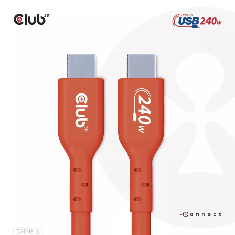 Cabo de dados bidirecional CLUB3D USB2 Type-C certificado USB-IF 480Mb, PD 240W(48V/5A) EPR M/M 3m / 9.84 ft