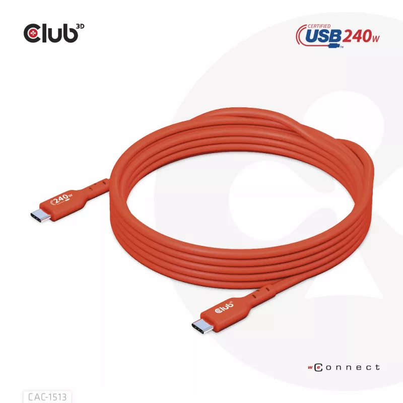Cabo de dados bidirecional CLUB3D USB2 Type-C certificado USB-IF 480Mb, PD 240W(48V/5A) EPR M/M 3m / 9.84 ft