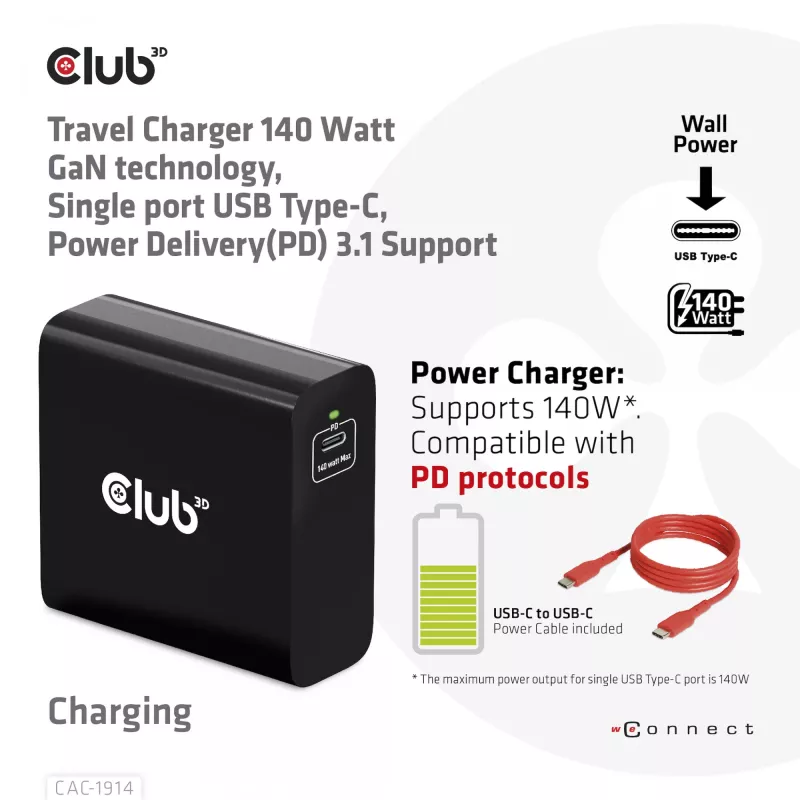 Carregador de viagem CLUB3D 140 Watt Tecnologia GaN, porta única USB Type-C, suporte Power Delivery (PD) 3.1