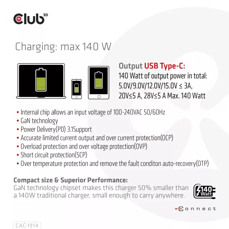 Carregador de viagem CLUB3D 140 Watt Tecnologia GaN, porta única USB Type-C, suporte Power Delivery (PD) 3.1