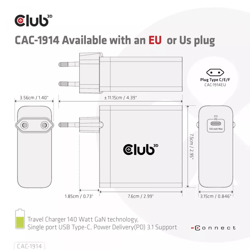 Carregador de viagem CLUB3D 140 Watt Tecnologia GaN, porta única USB Type-C, suporte Power Delivery (PD) 3.1