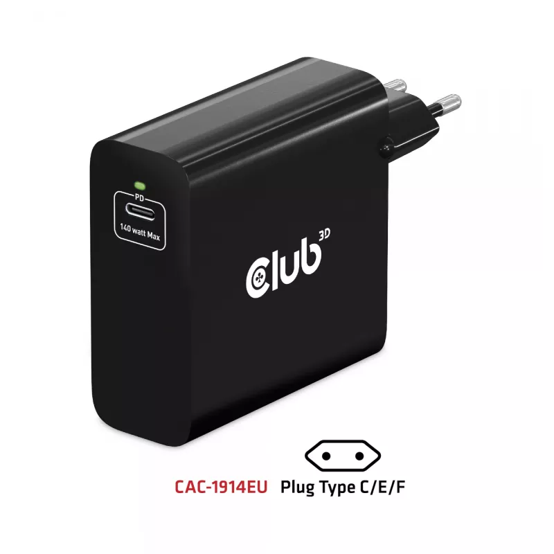 Carregador de viagem CLUB3D 140 Watt Tecnologia GaN, porta única USB Type-C, suporte Power Delivery (PD) 3.1