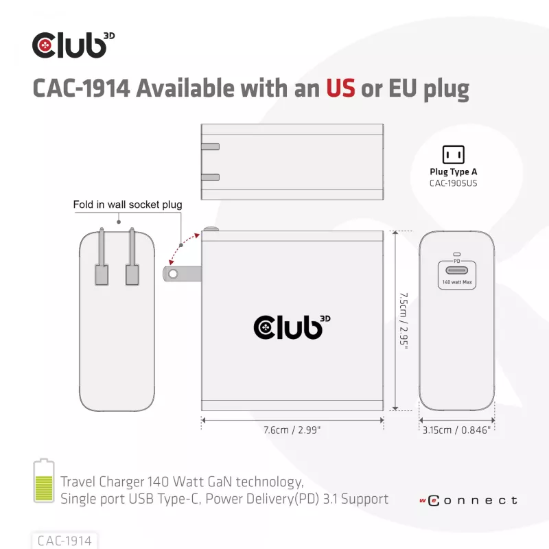Carregador de viagem CLUB3D 140 Watt Tecnologia GaN, porta única USB Type-C, suporte Power Delivery (PD) 3.1