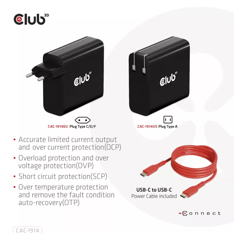 Carregador de viagem CLUB3D 140 Watt Tecnologia GaN, porta única USB Type-C, suporte Power Delivery (PD) 3.1