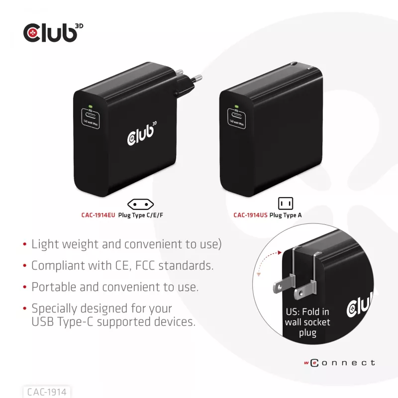 Carregador de viagem CLUB3D 140 Watt Tecnologia GaN, porta única USB Type-C, suporte Power Delivery (PD) 3.1