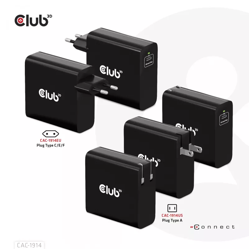 Carregador de viagem CLUB3D 140 Watt Tecnologia GaN, porta única USB Type-C, suporte Power Delivery (PD) 3.1