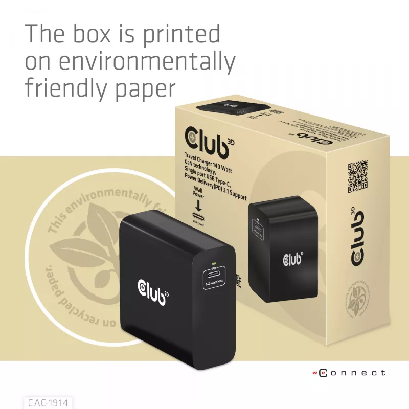 Carregador de viagem CLUB3D 140 Watt Tecnologia GaN, porta única USB Type-C, suporte Power Delivery (PD) 3.1