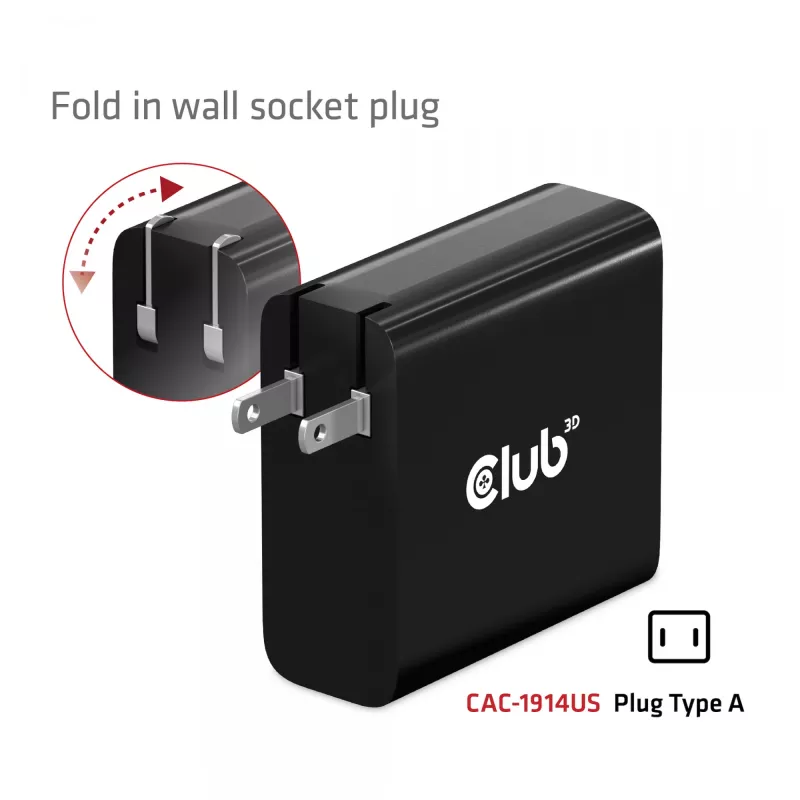 Carregador de viagem CLUB3D 140 Watt Tecnologia GaN, porta única USB Type-C, suporte Power Delivery (PD) 3.1