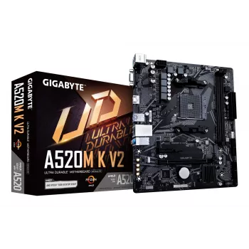 Placa-mãe GIGABYTE A520M K V2 - Suporta CPUs AMD Ryzen 5000 Série AM4, até 5100MHz DDR4 (OC), PCIe Gen3 x4 M.2, GbE LAN, USB 3.2 Gen 1