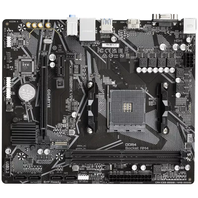 Placa-mãe GIGABYTE A520M K V2 - Suporta CPUs AMD Ryzen 5000 Série AM4, até 5100MHz DDR4 (OC), PCIe Gen3 x4 M.2, GbE LAN, USB 3.2 Gen 1