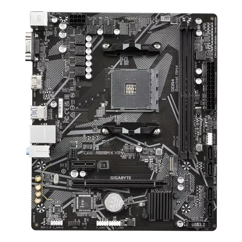 Placa-mãe GIGABYTE A520M K V2 - Suporta CPUs AMD Ryzen 5000 Série AM4, até 5100MHz DDR4 (OC), PCIe Gen3 x4 M.2, GbE LAN, USB 3.2 Gen 1