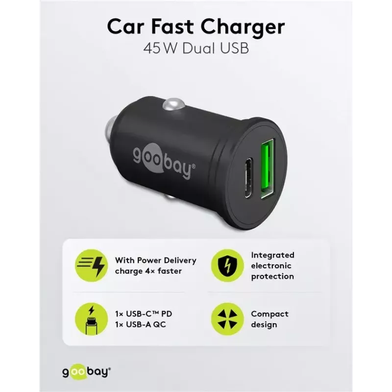 Carregador rápido de automóvel Goobay Dual-USB USB-C PD 45W Preto