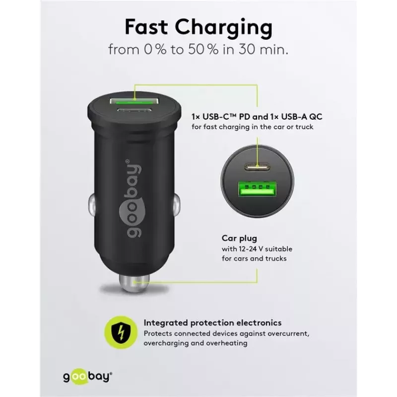 Carregador rápido de automóvel Goobay Dual-USB USB-C PD 45W Preto