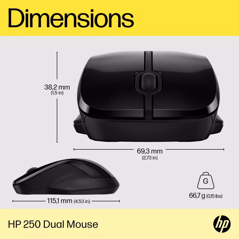 Rato HP 250 Dual, ambidestro, Bluetooth + USB Type-A, 1600 DPI, preto
