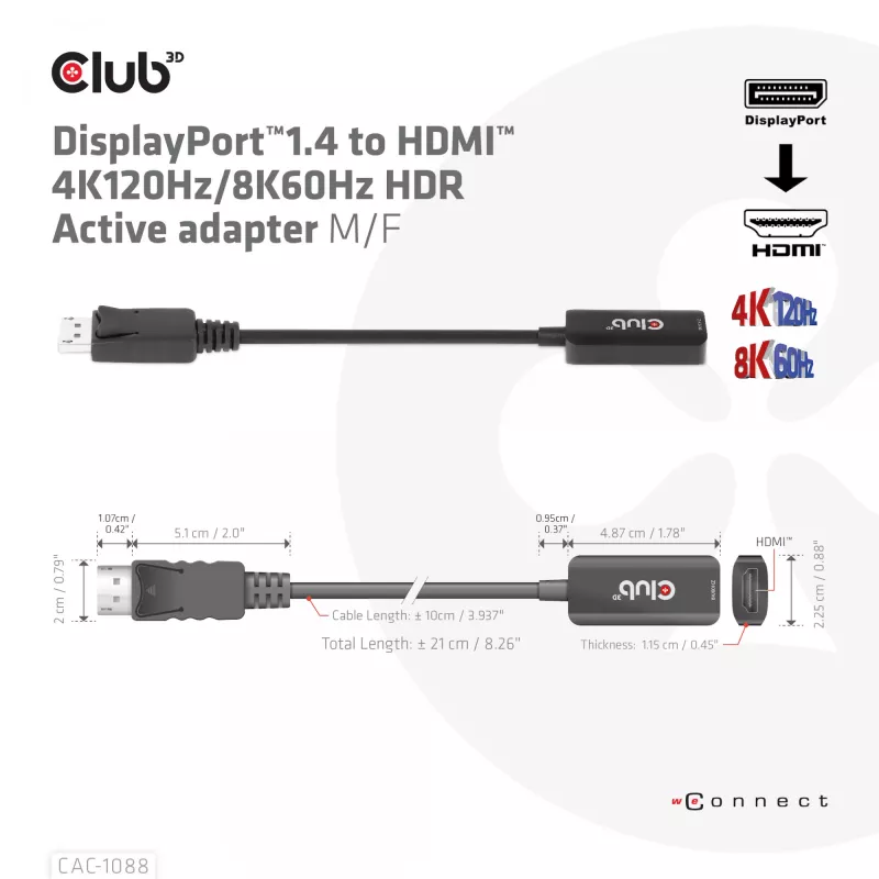 CLUB3D Adaptador Ativo DisplayPort1.4 para HDMI 4K120Hz/8K60Hz HDR M/F