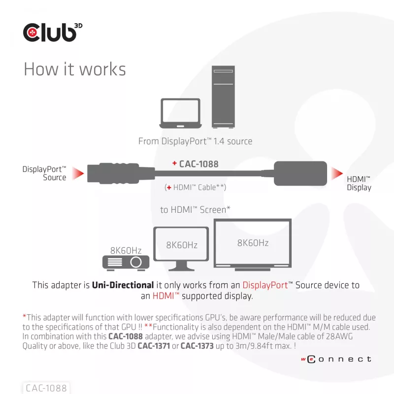 CLUB3D Adaptador Ativo DisplayPort1.4 para HDMI 4K120Hz/8K60Hz HDR M/F