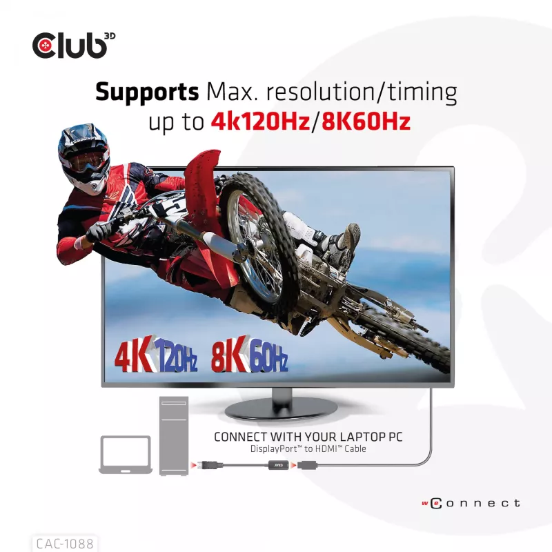 CLUB3D Adaptador Ativo DisplayPort1.4 para HDMI 4K120Hz/8K60Hz HDR M/F