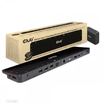 CLUB3D Dock de Carregamento USB Gen1 Type-C Triple Display DP1.4 Alt mode Smart PD3.0 com Fonte de Alimentação 100 Watt