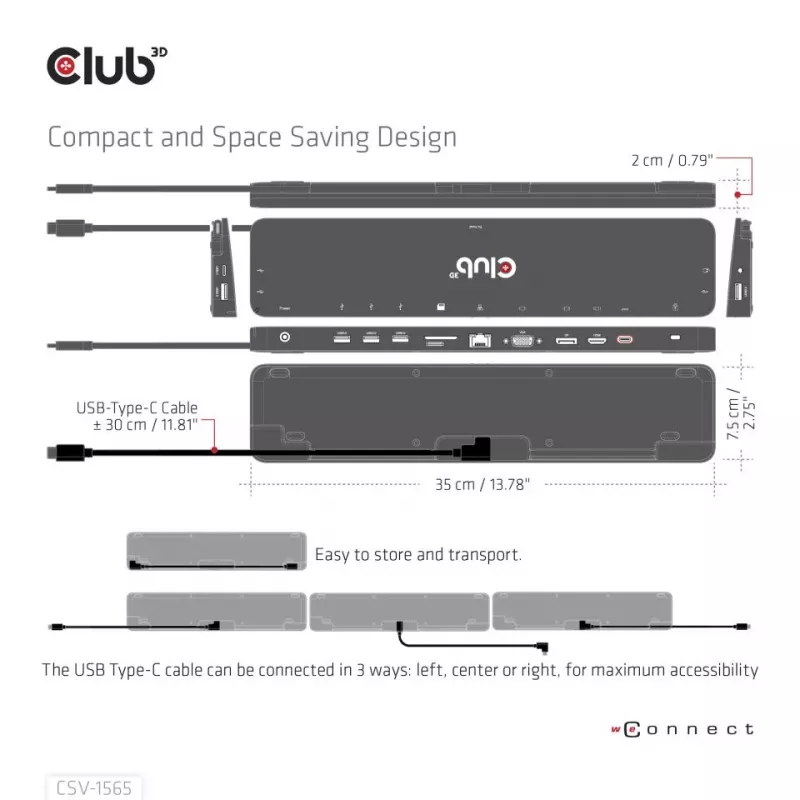 CLUB3D Dock de Carregamento USB Gen1 Type-C Triple Display DP1.4 Alt mode Smart PD3.0 com Fonte de Alimentação 100 Watt