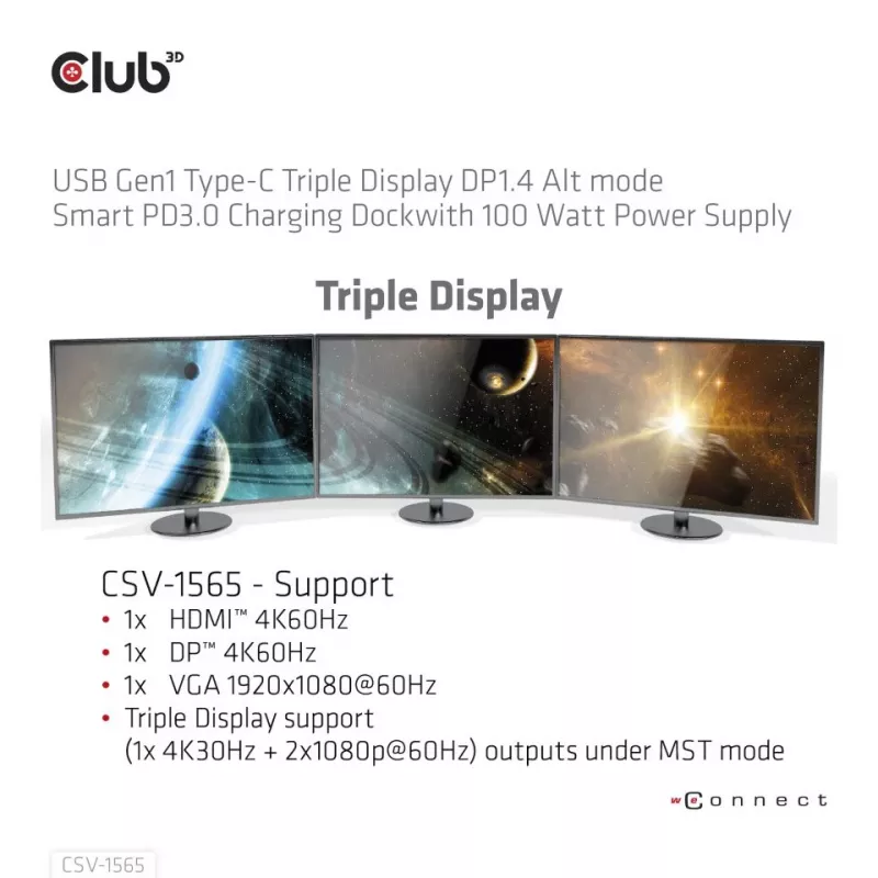 CLUB3D Dock de Carregamento USB Gen1 Type-C Triple Display DP1.4 Alt mode Smart PD3.0 com Fonte de Alimentação 100 Watt