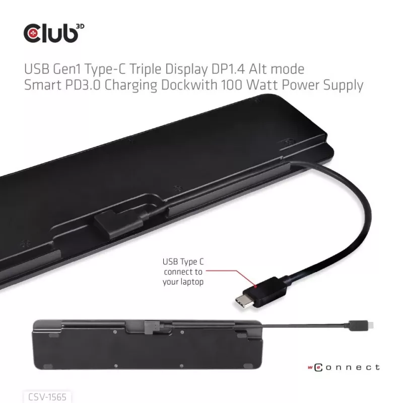 CLUB3D Dock de Carregamento USB Gen1 Type-C Triple Display DP1.4 Alt mode Smart PD3.0 com Fonte de Alimentação 100 Watt