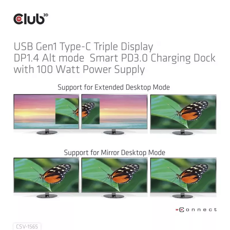 CLUB3D Dock de Carregamento USB Gen1 Type-C Triple Display DP1.4 Alt mode Smart PD3.0 com Fonte de Alimentação 100 Watt