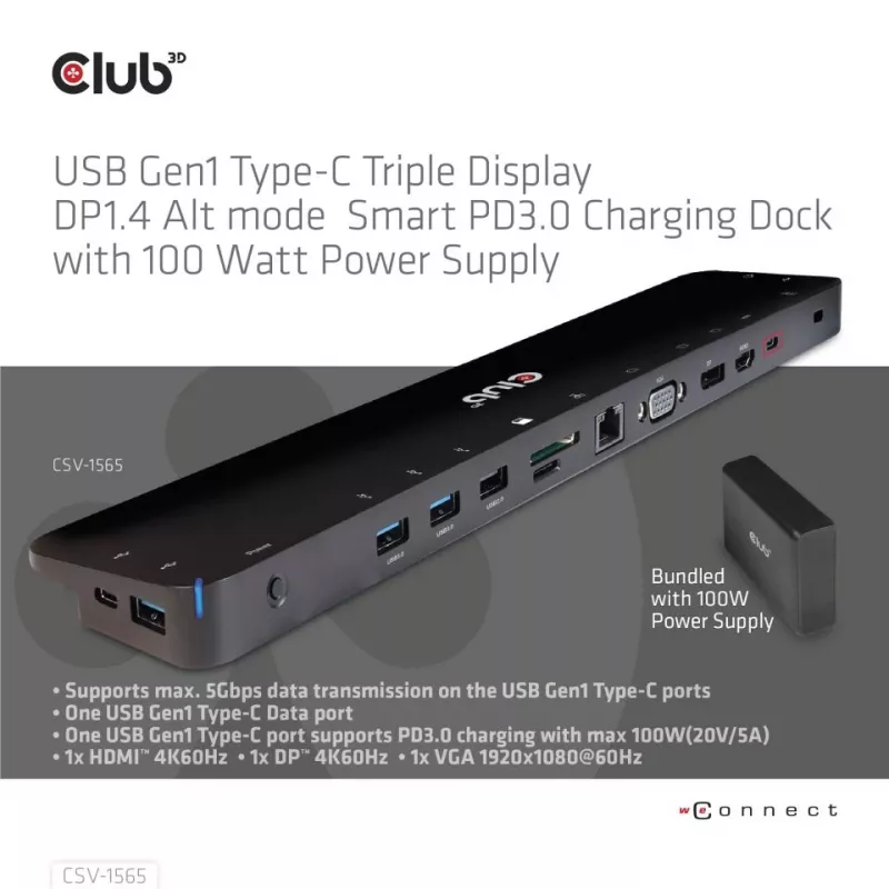 CLUB3D Dock de Carregamento USB Gen1 Type-C Triple Display DP1.4 Alt mode Smart PD3.0 com Fonte de Alimentação 100 Watt