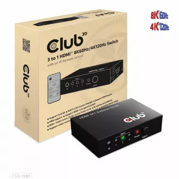 CLUB3D Switch HDMI™ 3 para 1 8K60Hz/4K120Hz, 7680 x 4320 Píxeis, 8K Ultra HD, Preto