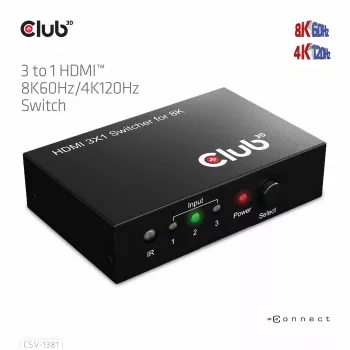 CLUB3D Switch HDMI™ 3 para 1 8K60Hz/4K120Hz, 7680 x 4320 Píxeis, 8K Ultra HD, Preto